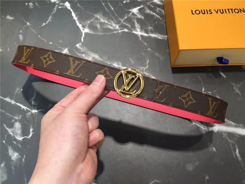 LV 新款 LV Circle 圓形LV字母 鋼扣 雙面腰帶 啡配玫紅