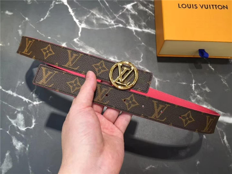 LV 新款 LV Circle 圓形LV字母 鋼扣 雙面腰帶 啡配玫紅