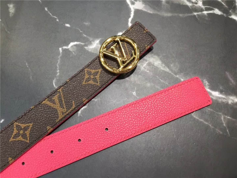 LV 新款 LV Circle 圓形LV字母 鋼扣 雙面腰帶 啡配玫紅