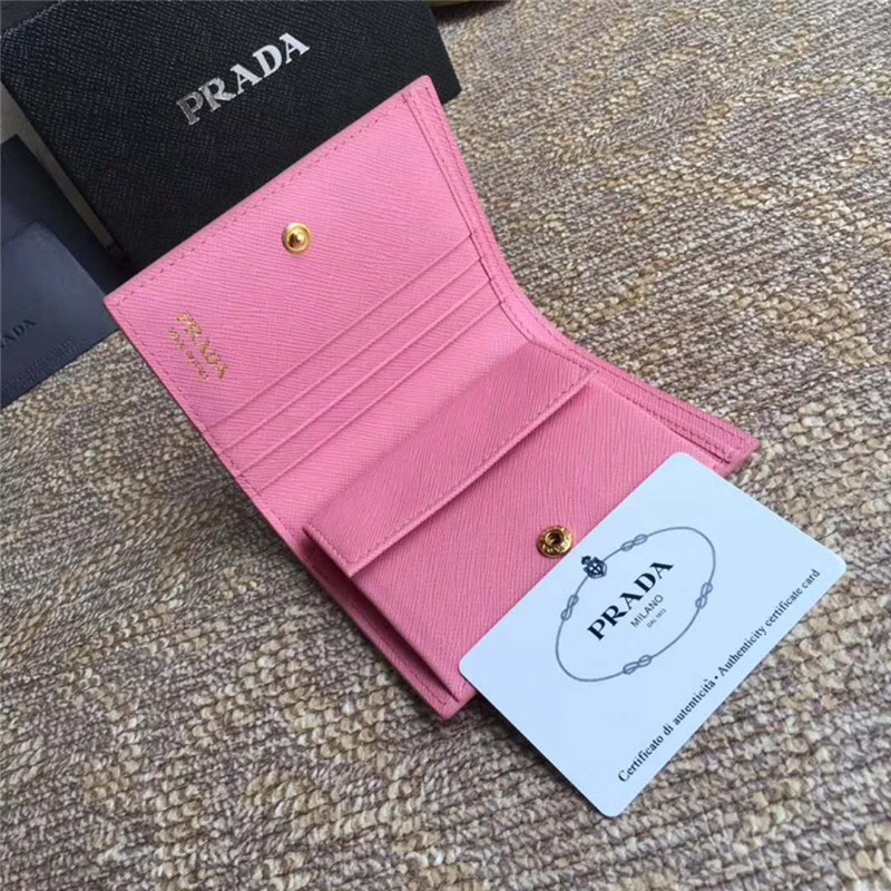 lMV204 Parada普拉達 十字紋牛皮 多功能對折 小錢包 粉色