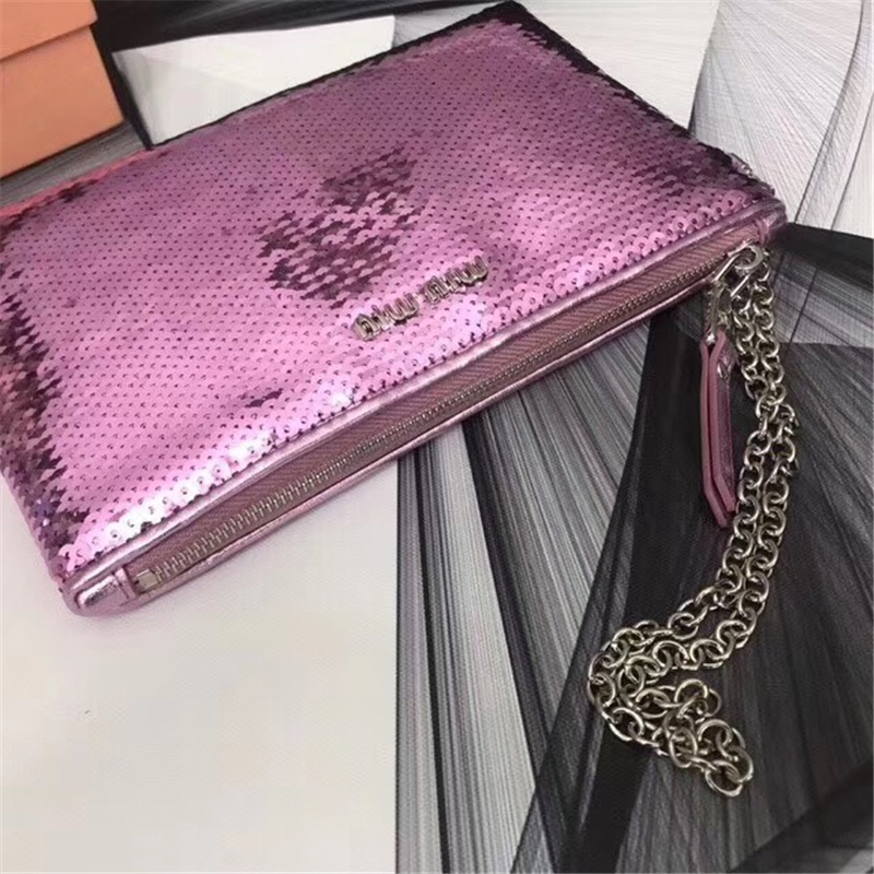 5NH81C MIUMIU專柜新款 手工珠刺繡 亮片單肩手拿包 粉紫