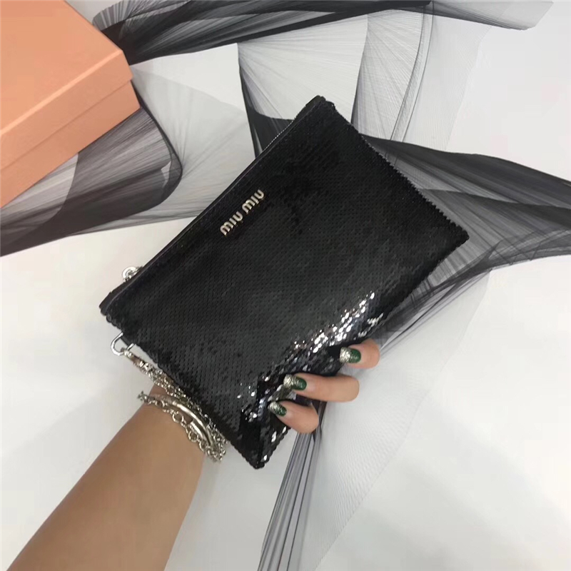 5NH81C MIUMIU專柜新款 手工珠刺繡 亮片單肩手拿包 黑色