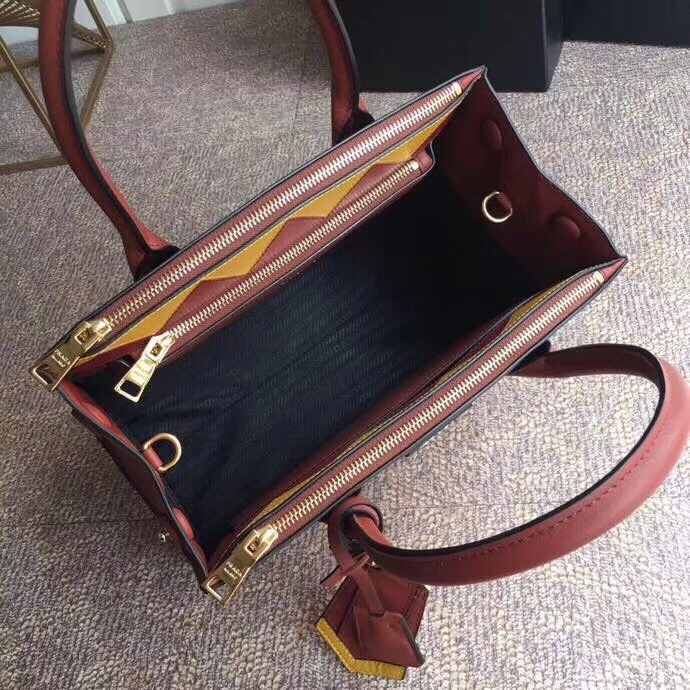 1BA102 Prada普拉達 最新款 拼色牛皮 女士手提袋 磚紅