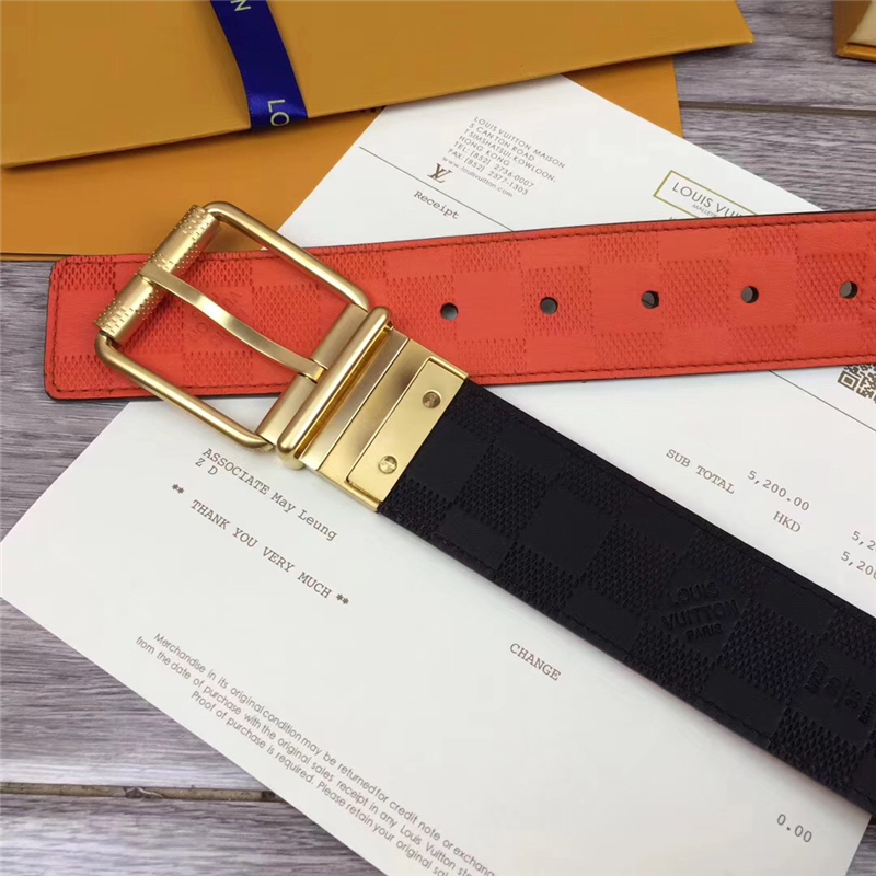 M9389 LV 進口小牛皮 雙面雙色格子紋 男士針扣皮帶 橙黑金扣