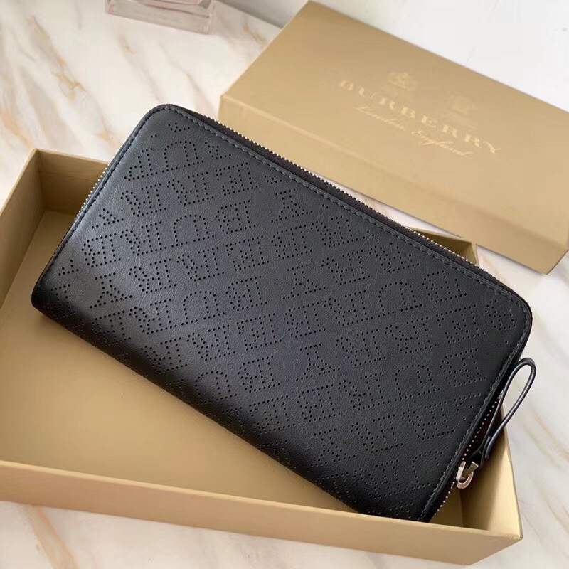 Burberry巴寶莉 激光沖孔式紋案 皮革 全拉鏈錢夾 黑色