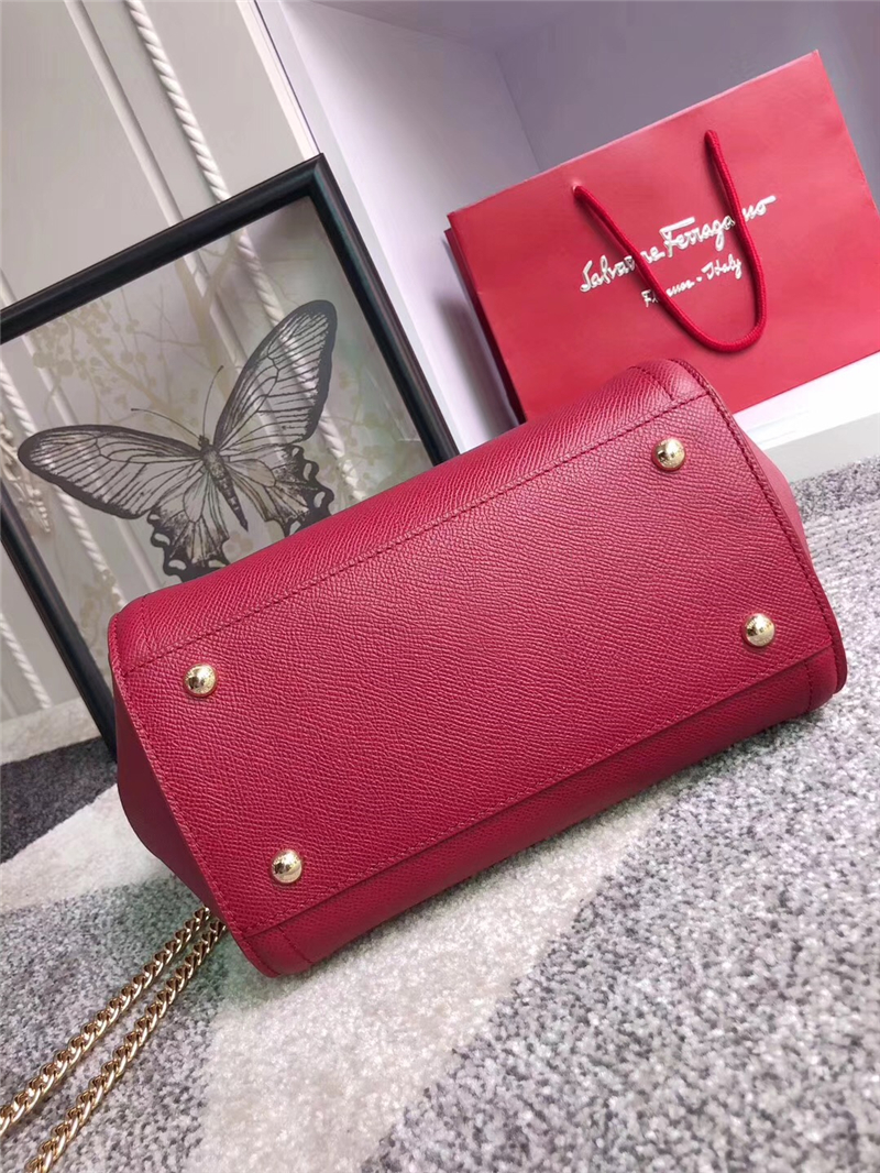 21G697 Ferragamo菲格拉慕手提袋 Vara蝴蝶結 大號 手掌紋牛皮 翻蓋包 酒紅
