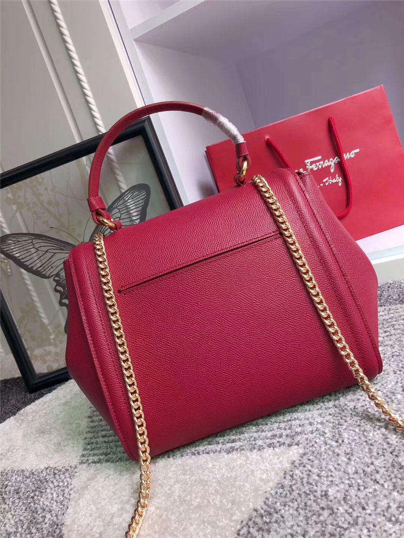 21G697 Ferragamo菲格拉慕手提袋 Vara蝴蝶結 大號 手掌紋牛皮 翻蓋包 酒紅
