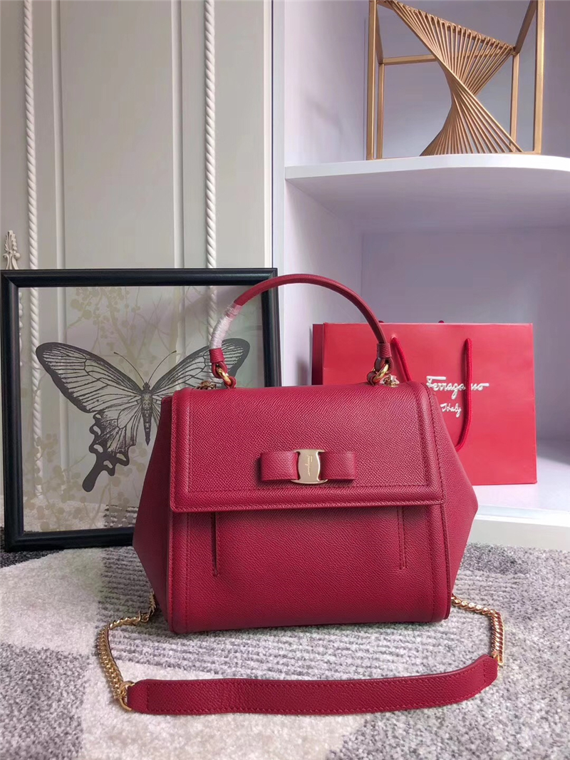 21G697 Ferragamo菲格拉慕手提袋 Vara蝴蝶結 大號 手掌紋牛皮 翻蓋包 酒紅