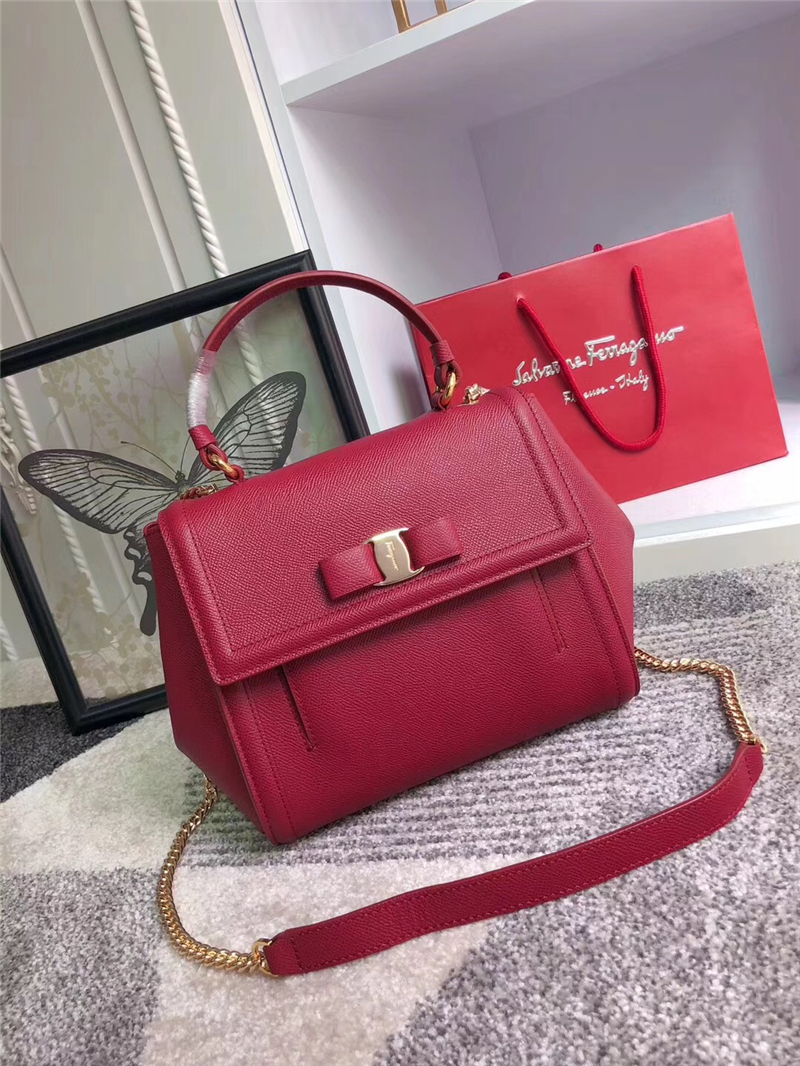 21G697 Ferragamo菲格拉慕手提袋 Vara蝴蝶結 大號 手掌紋牛皮 翻蓋包 酒紅