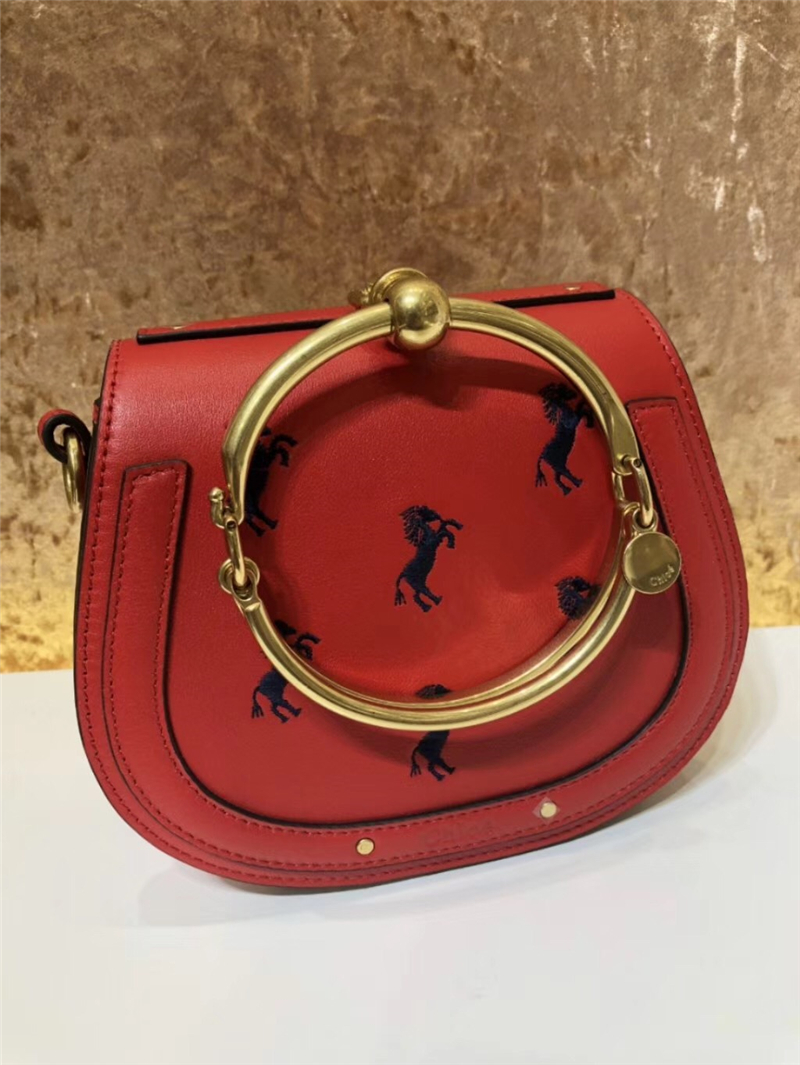 Chloe Nile IT包 進(jìn)口牛皮 小號(hào) 小馬刺繡圖案 手鐲式提手 珂洛伊手袋 紅色