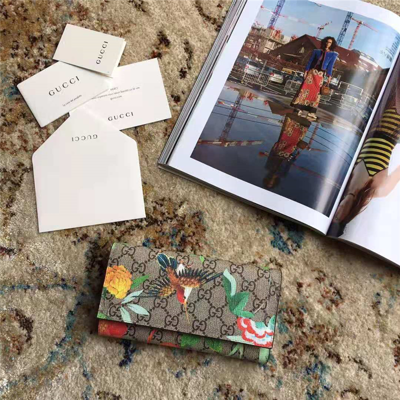 424893 Gucci 古馳錢包 花鳥圖案 雙G高級(jí)人造帆布 長(zhǎng)款錢包 深啡色