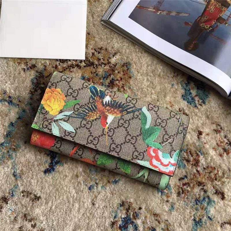 424893 Gucci 古馳錢包 花鳥圖案 雙G高級(jí)人造帆布 長(zhǎng)款錢包 深啡色