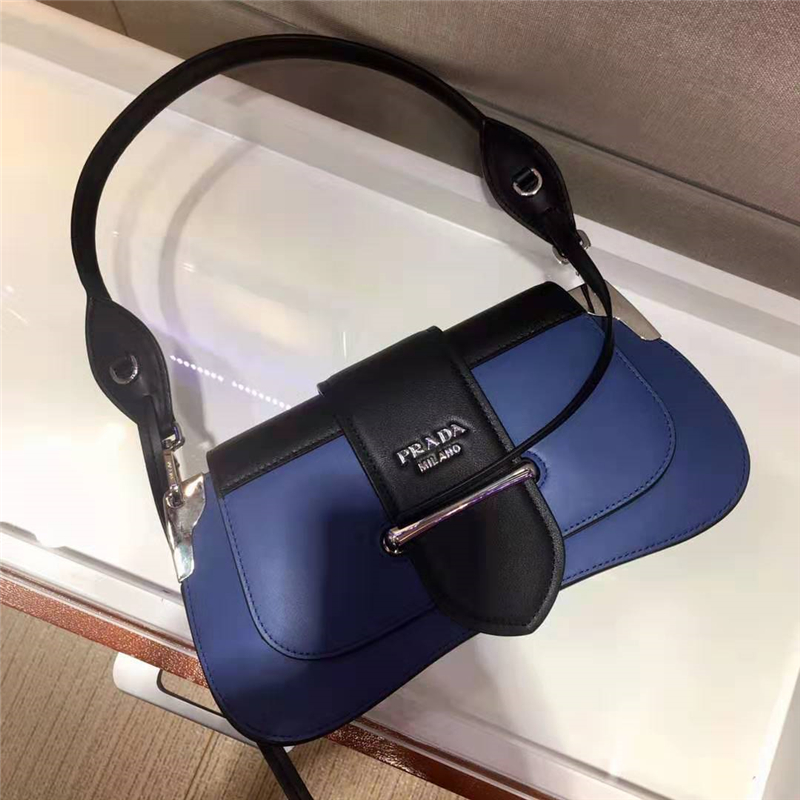 1BD168 Prada Sidonie女包 小牛皮 拼色翻蓋 皮革單肩包 藍色