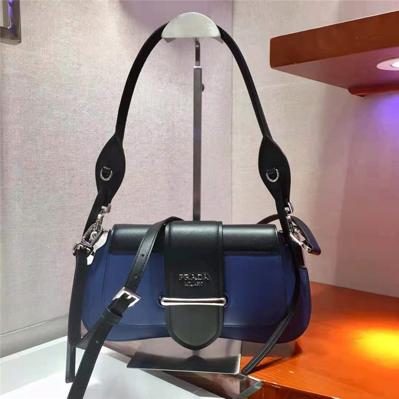 1BD168 Prada Sidonie女包 小牛皮 拼色翻蓋 皮革單肩包 藍色